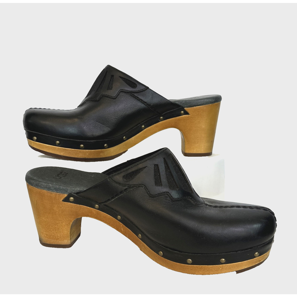 UGG Abbie Clog Black Sherpa Lined Leather Wood Heel‎ Studded Shoe Women Sz 7